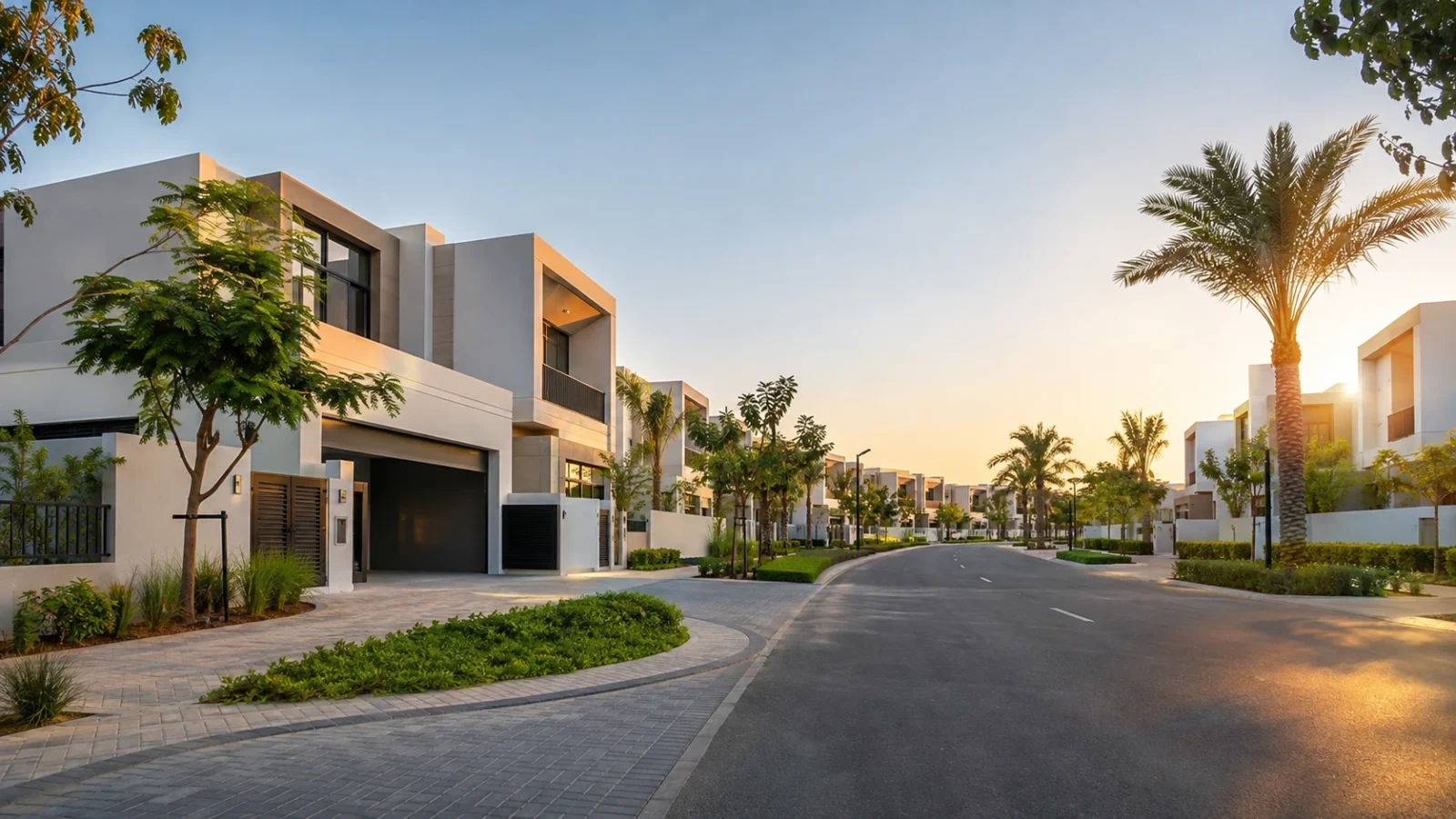 Recently handed-over Dubai villa street at early evening, completed and ready for occupation