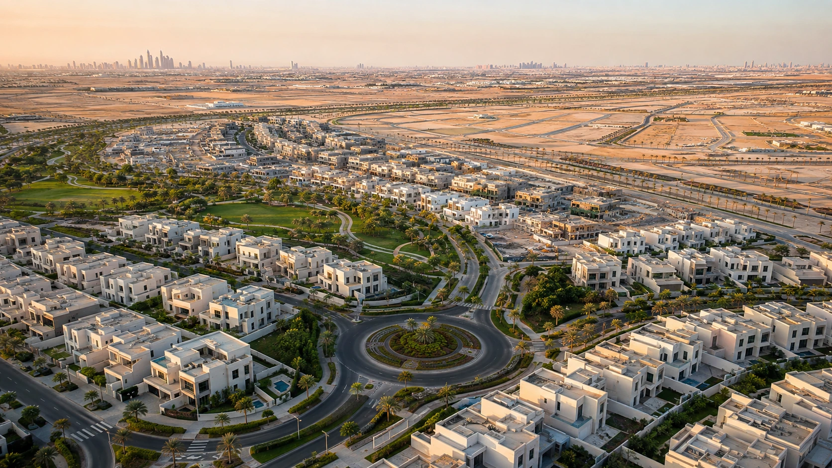 Aerial view of an upcoming premium Dubai villa community with landscaped streets and developing phases toward the skyline