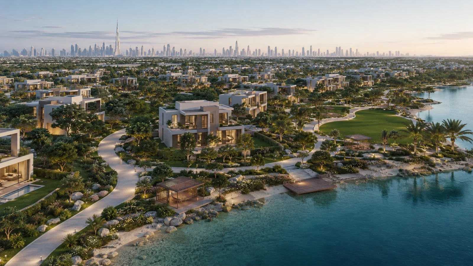 Nature-led waterfront Dubai villa master community with villas around a lagoon and the skyline at early evening