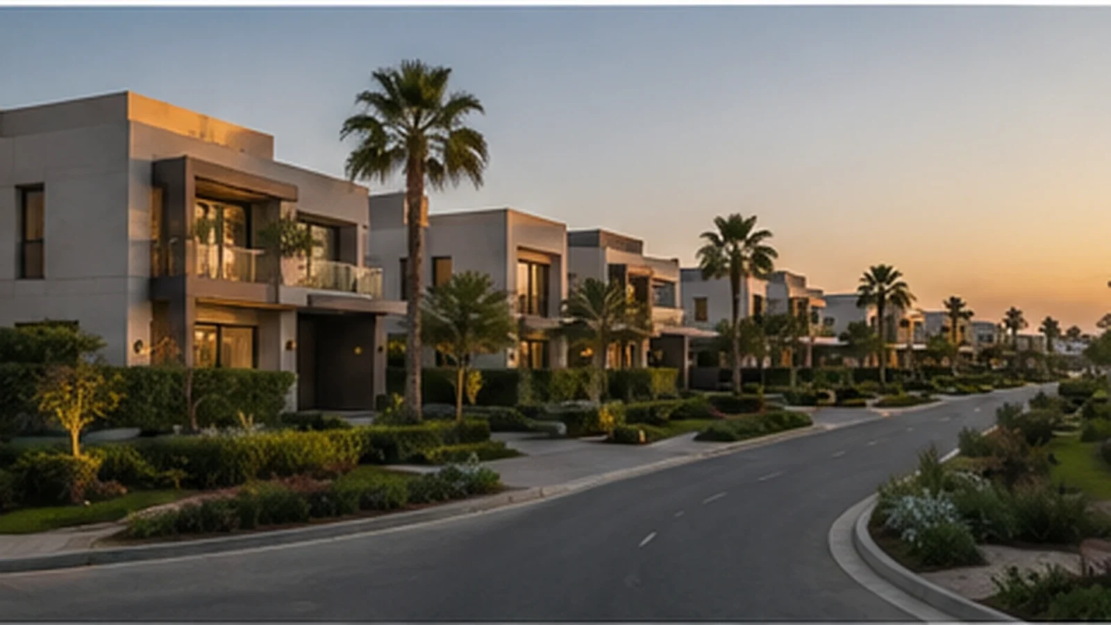 Newly completed and occupied Dubai villa community street at golden hour with modern villas and mature landscaping