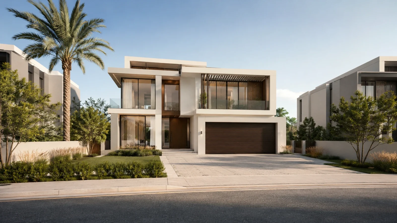 Front elevation of a detached modern Dubai villa showing the driveway, garden boundary, plot relationship and side spacing