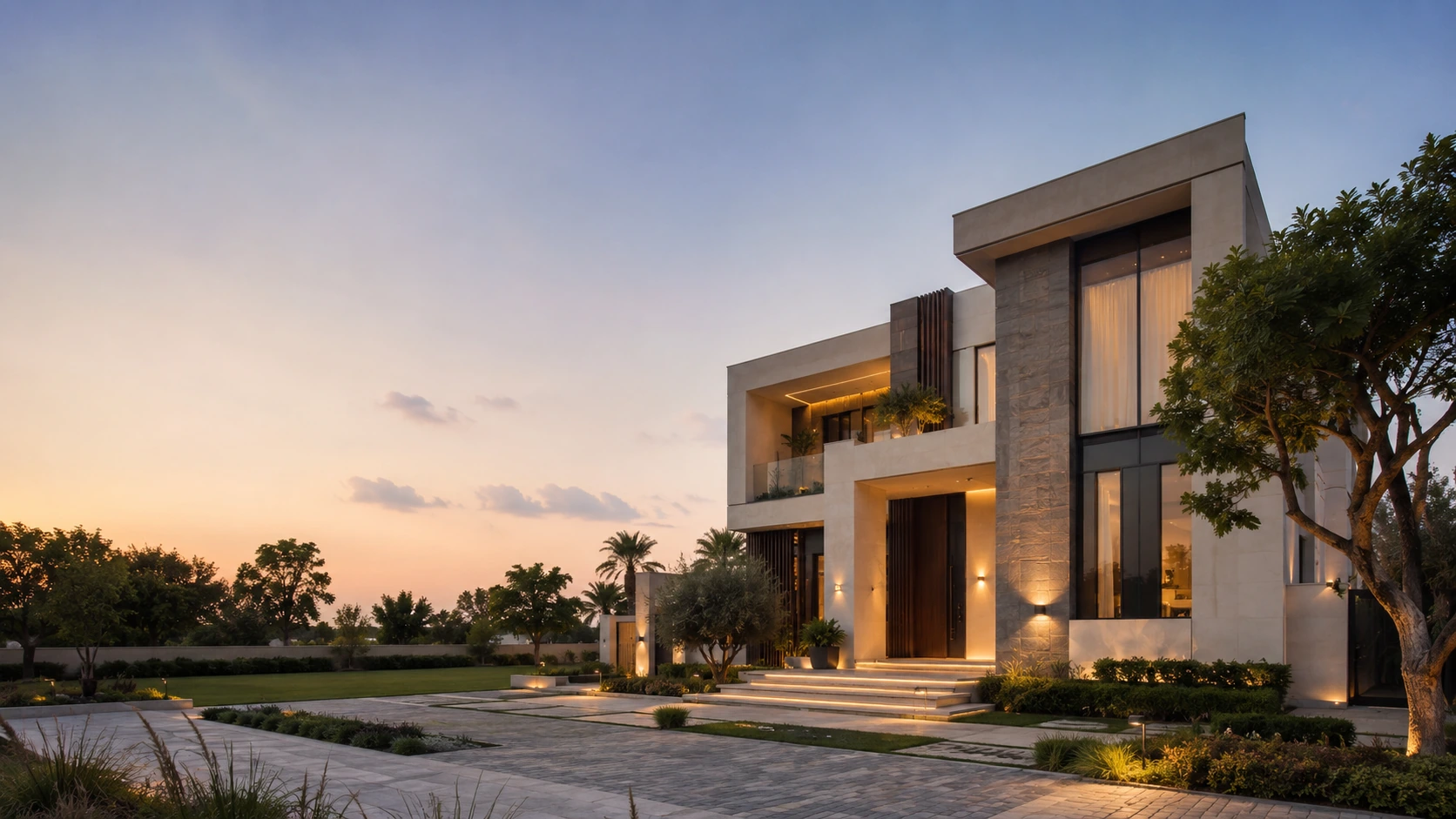 A completed contemporary detached villa with a lit entrance, stone facade and landscaped driveway at dusk