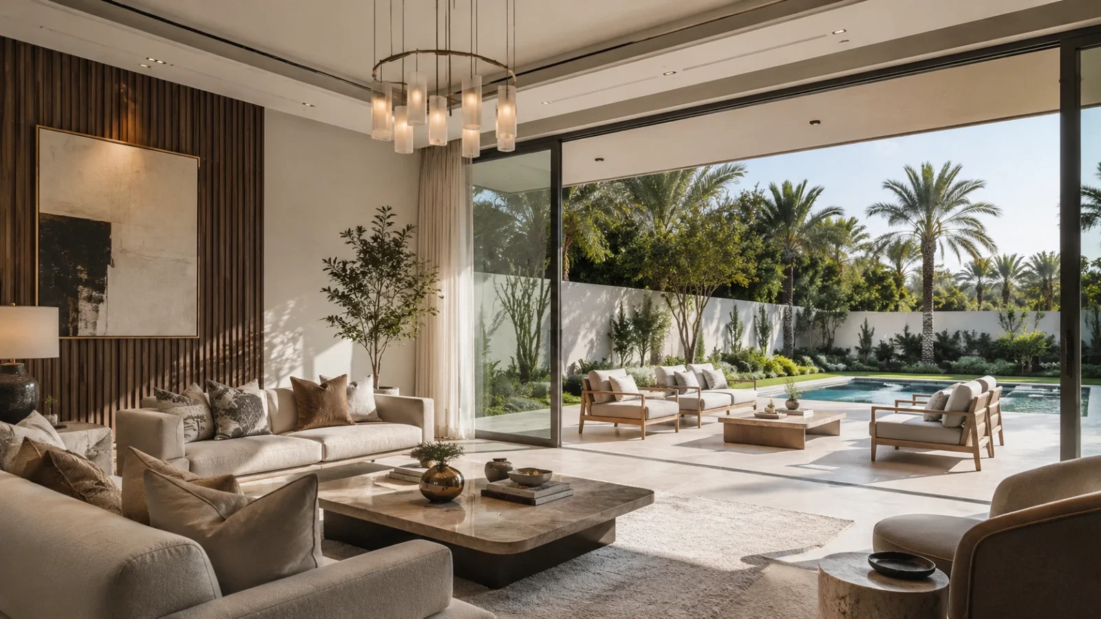 A furnished villa living room opening through full-height glass onto a terrace, pool and landscaped garden