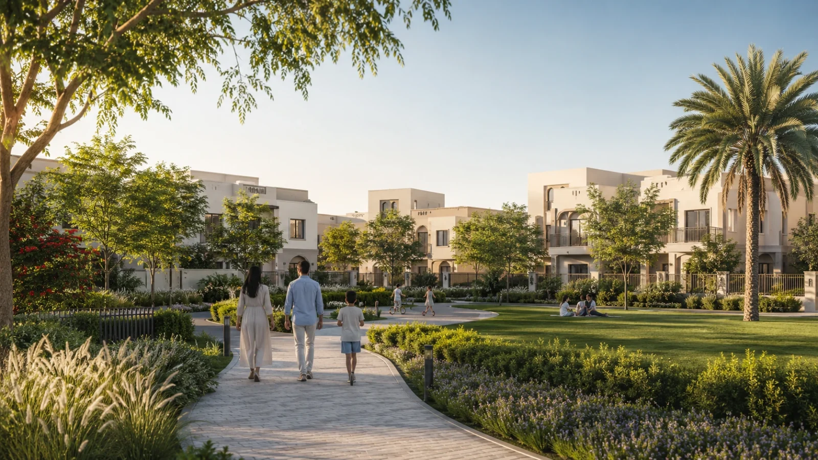 A family walking along a landscaped pathway in a green residential community of low-rise villas at golden hour