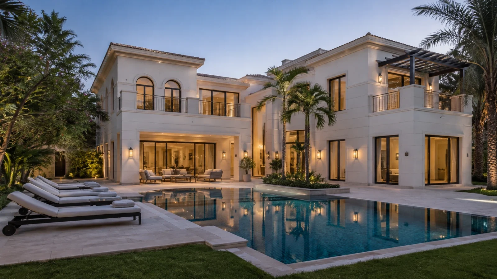 A classical-style villa exterior with a swimming pool, sun loungers and covered terrace illuminated at dusk