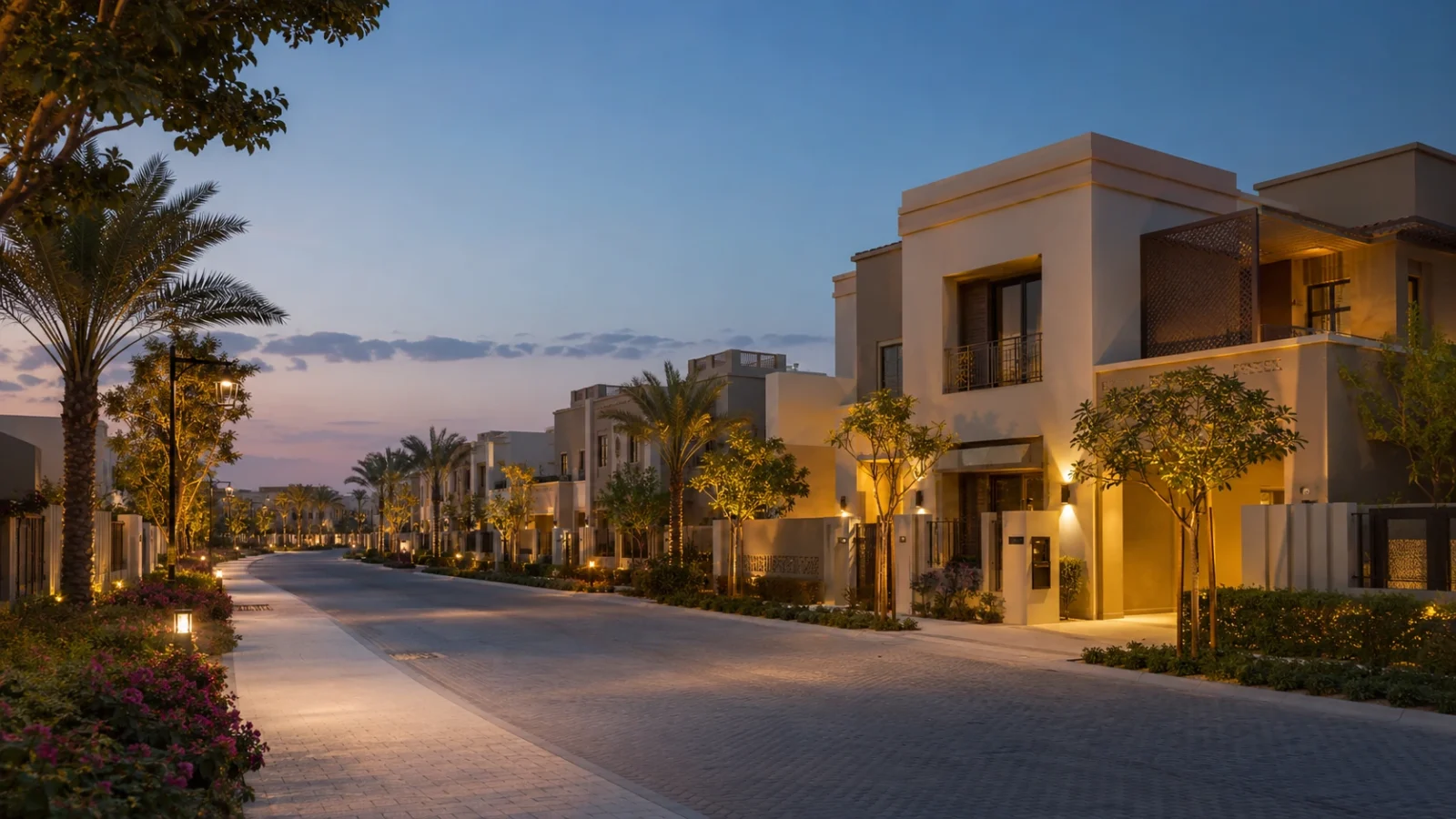 A tree-lined residential street of two-storey villas at dusk with soft landscape lighting in an established community