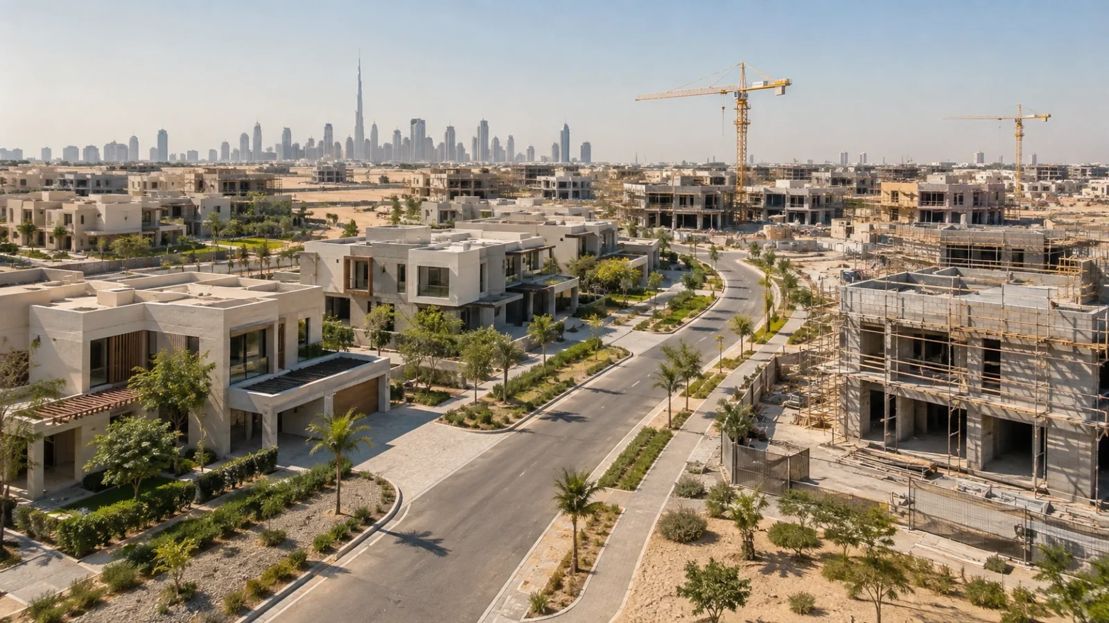 Aerial view of a modern master-planned villa community with landscaped roads and the Dubai skyline on the horizon