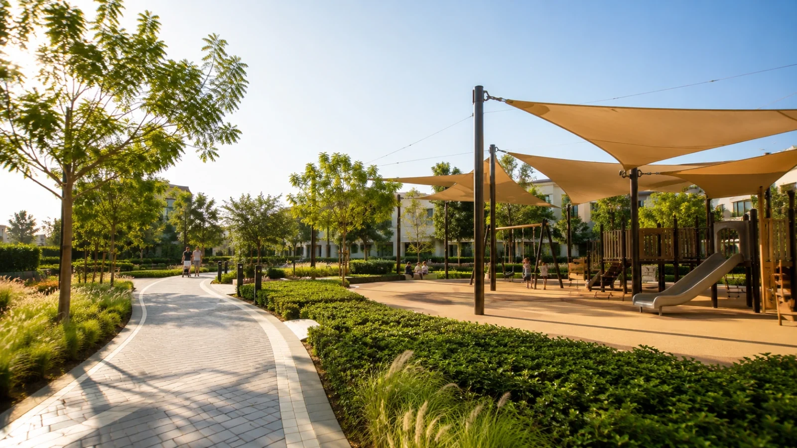 A landscaped community park with a curving walking path and a shaded children’s playground in warm daylight