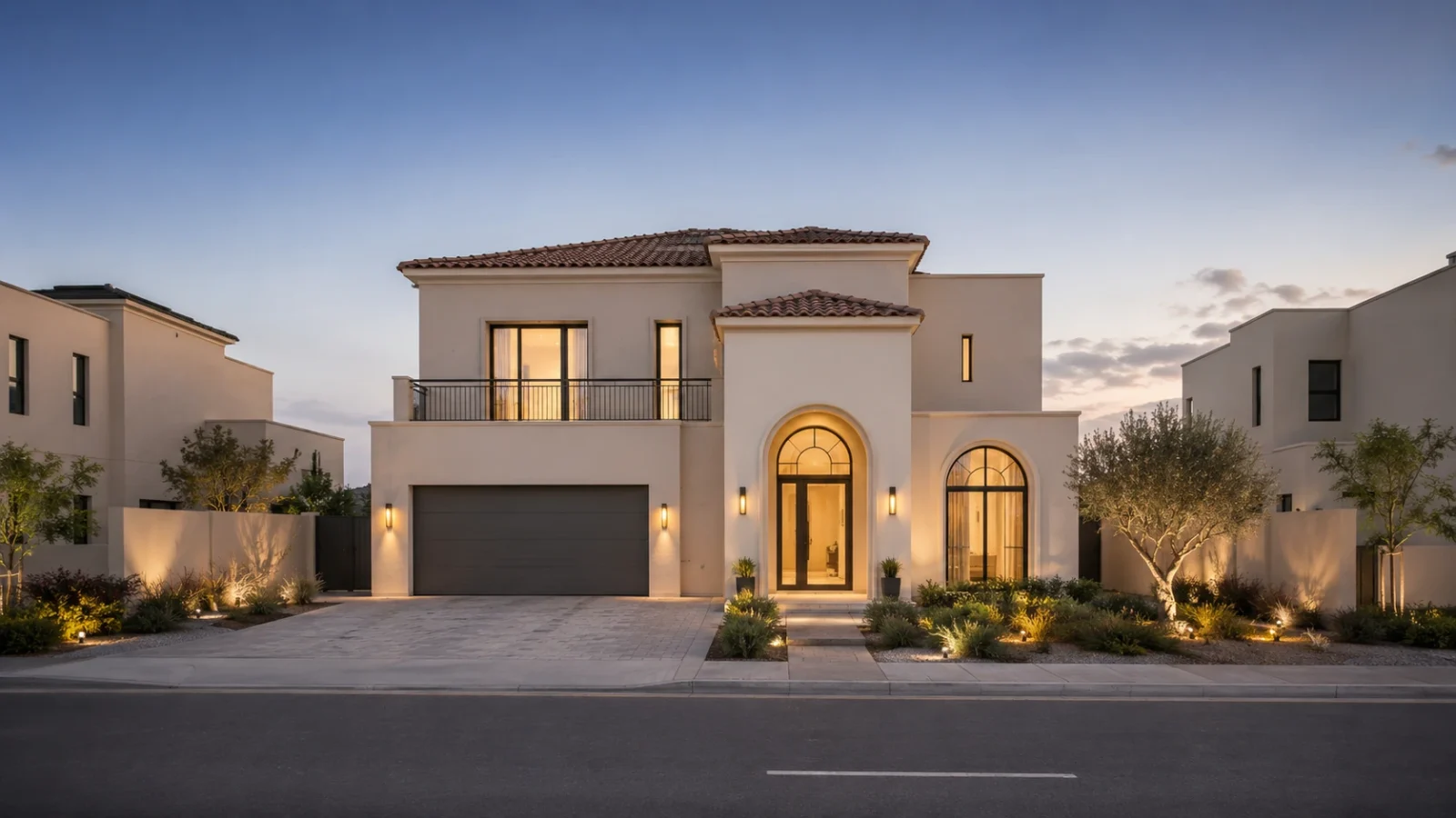 A detached two-storey villa with a tiled roof, arched entrance and landscaped front plot at dusk