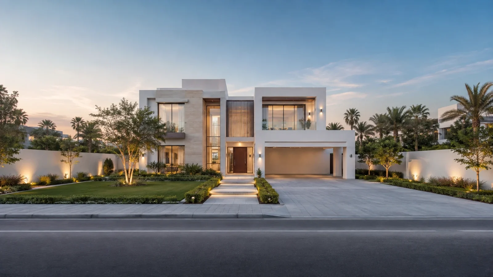 A modern white two-storey detached villa at dusk with a wide paved driveway, landscaped front lawn and warm exterior lighting