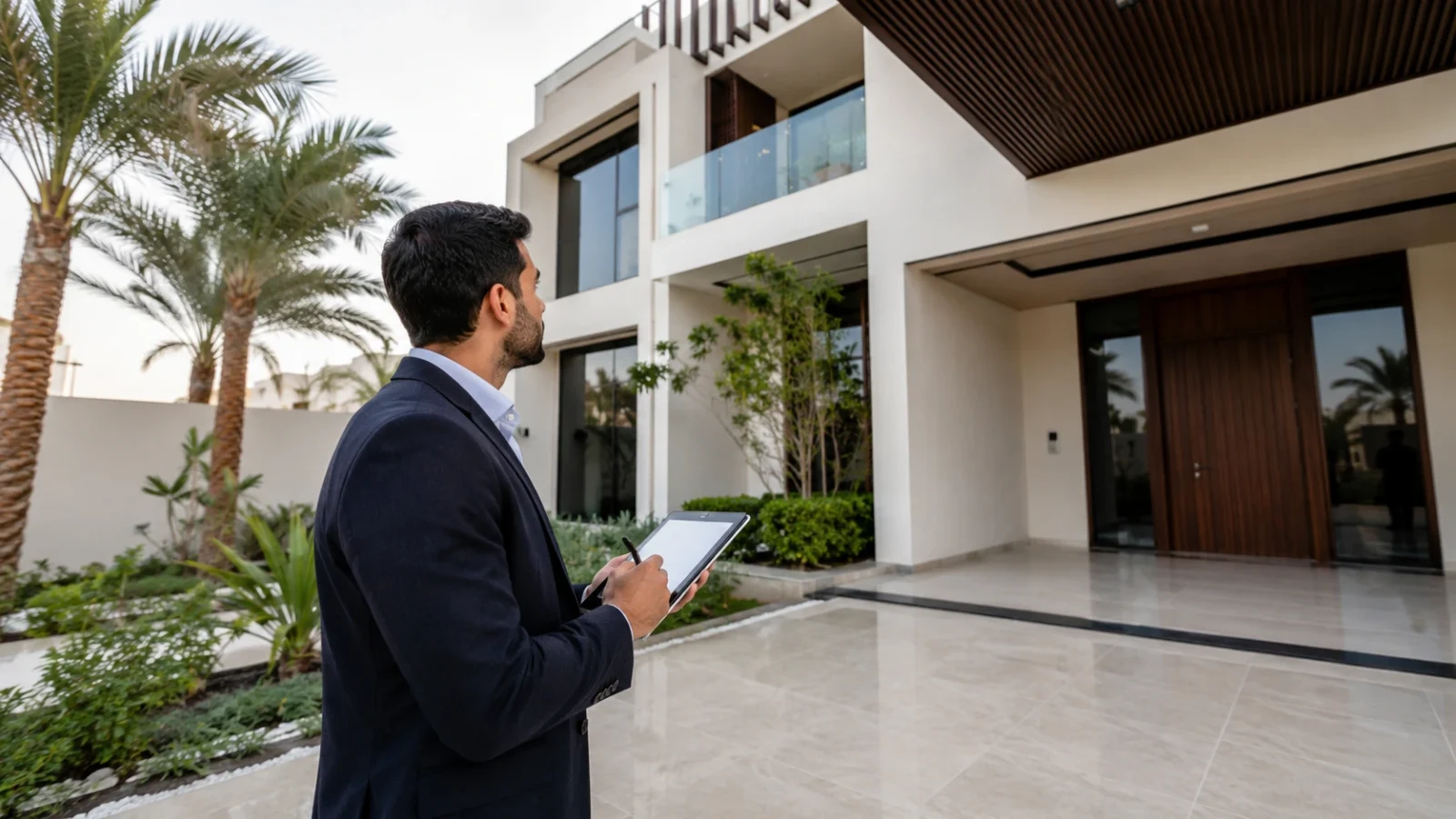A professional reviewing a completed contemporary villa on a tablet while standing in its landscaped forecourt