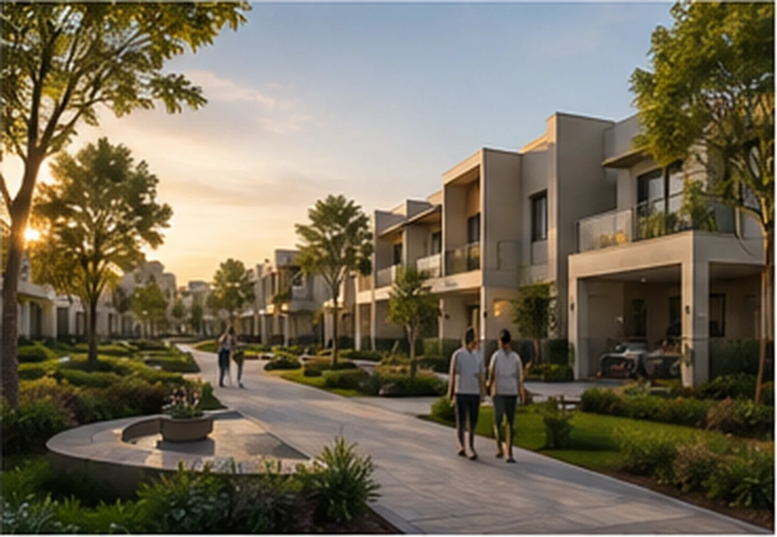 A landscaped pedestrian street lined with contemporary two-storey townhouses at sunset, with residents walking through greenery