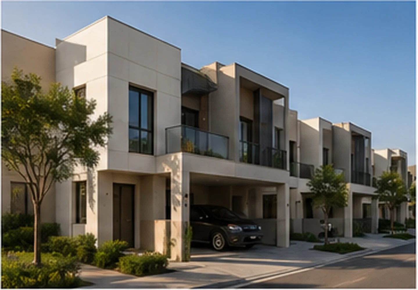 A row of modern attached townhouses with private entrances and covered parking along a quiet residential street