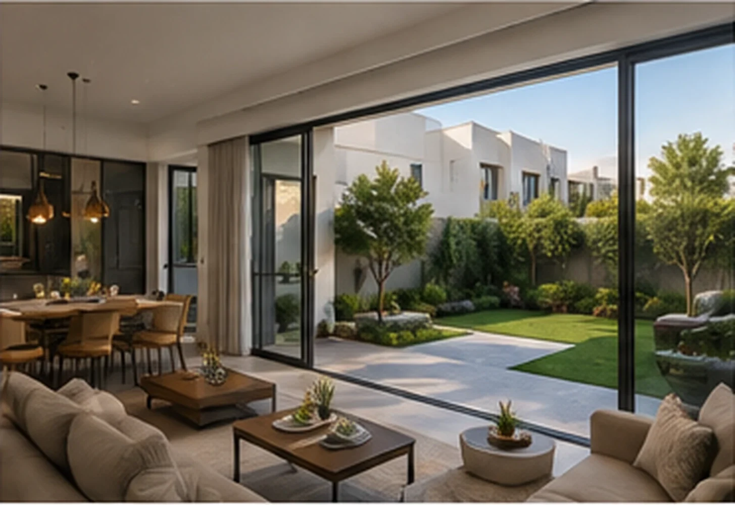 An open-plan townhouse living and dining room with sliding glass doors opening onto a private landscaped garden