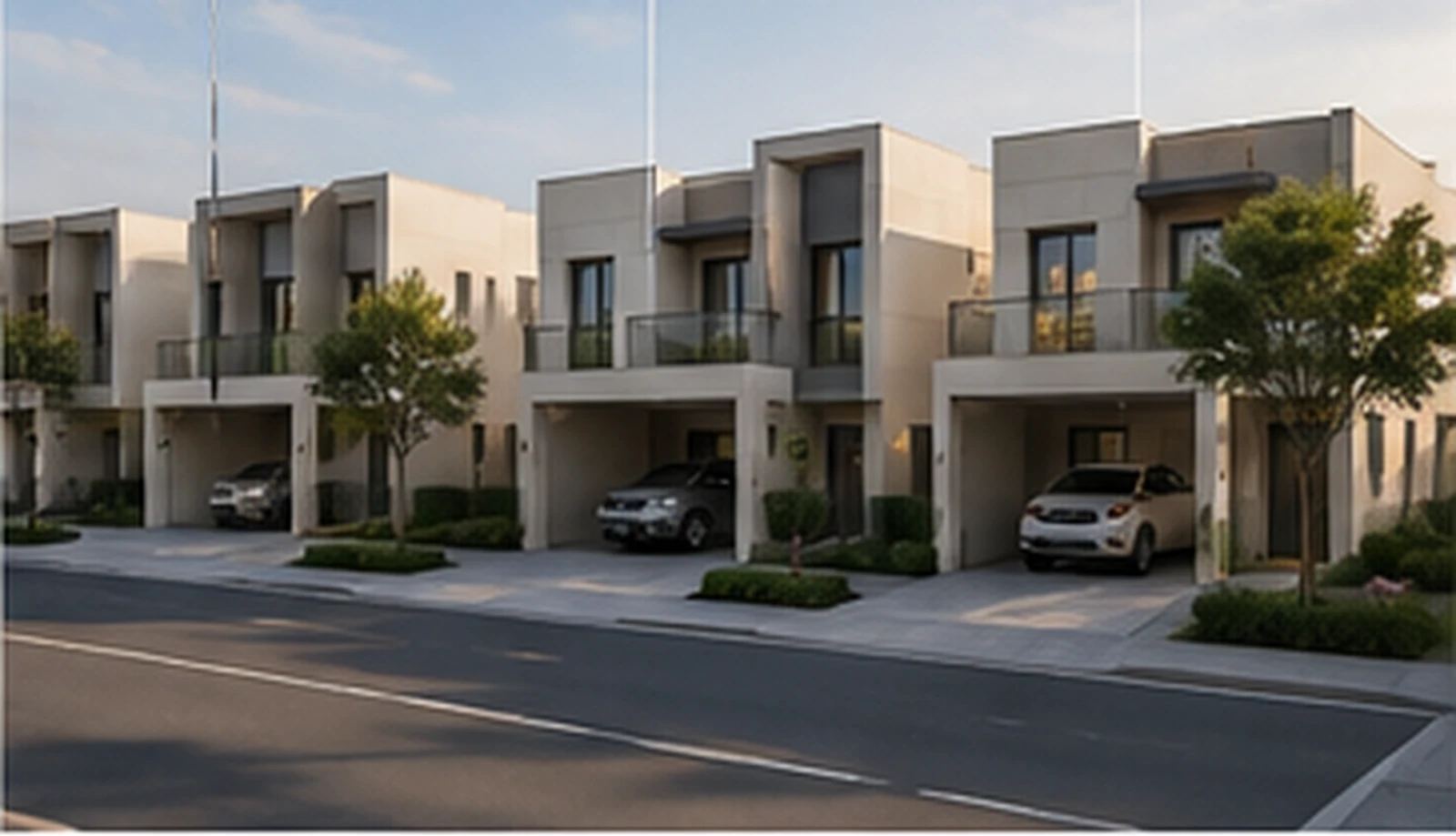 A streetscape of adjoining modern townhouses with covered carports, showing mid-unit and end-unit positions along a road