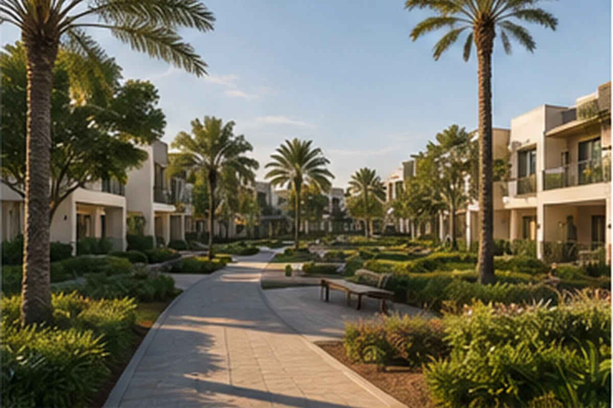 An established townhouse community with mature palm trees, dense landscaping and a garden path between two-storey homes