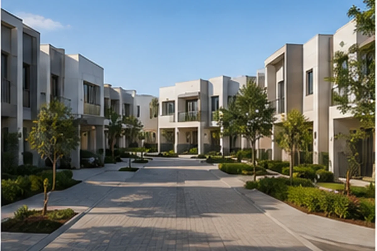 A newly completed cluster of modern white townhouses with young landscaping around a clean paved internal driveway