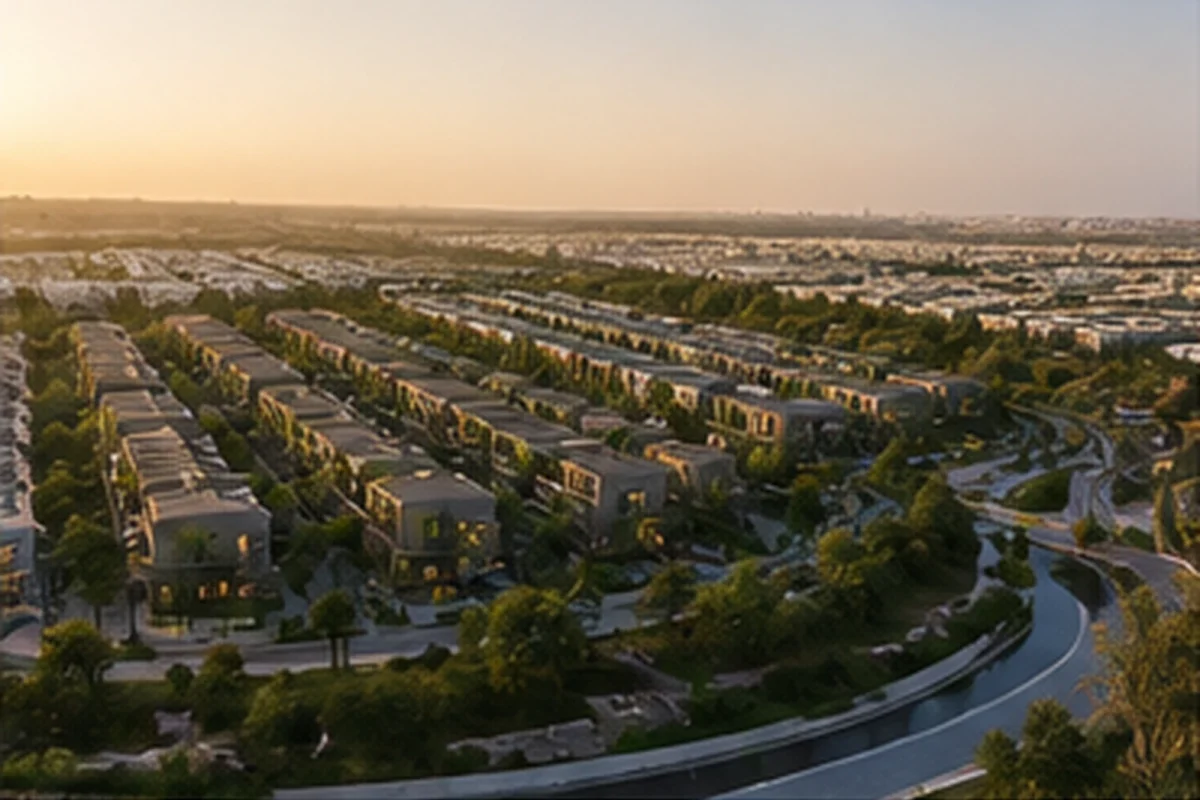Aerial view at sunset of an expansive low-rise townhouse community with landscaped greenery and a winding waterway extending toward the horizon