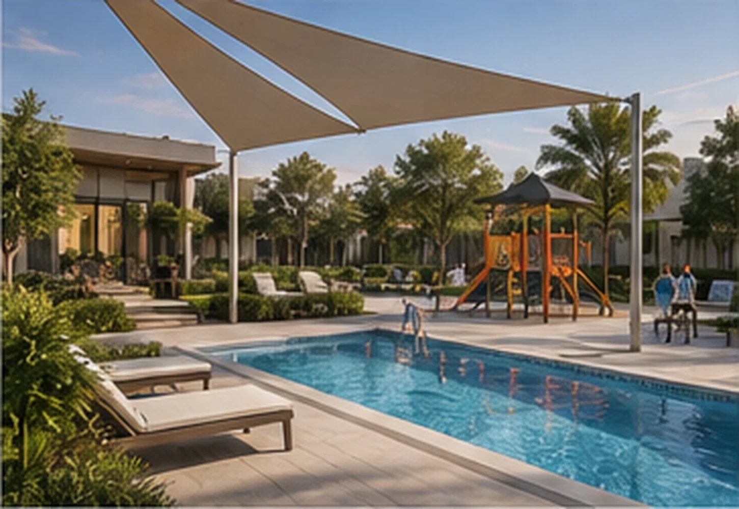 A shaded community swimming pool with sun loungers and a children’s playground where families relax and play
