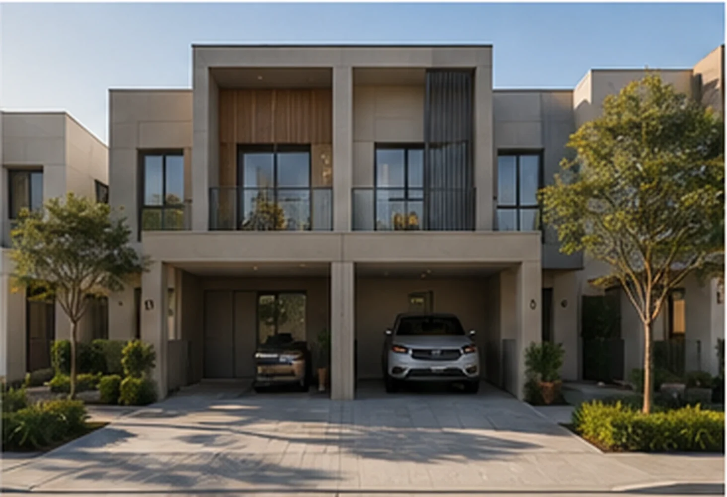 Full frontage of a modern two-storey townhouse with twin covered carports, parked cars, and landscaped planting between neighbouring homes