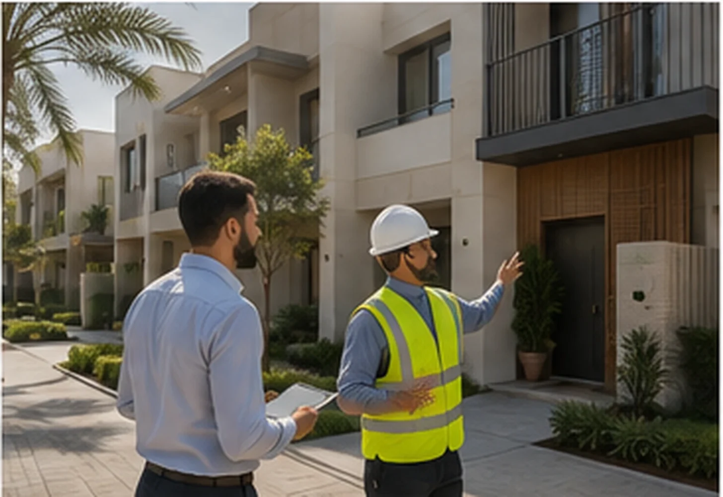Two professionals reviewing the exterior of a modern townhouse, one holding a clipboard and one in a hard hat and safety vest