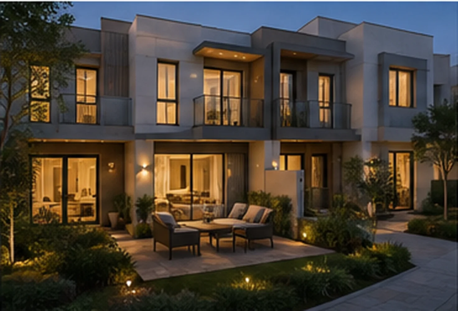 A completed modern townhouse at dusk with warm lighting, a landscaped garden, and a paved patio with outdoor seating