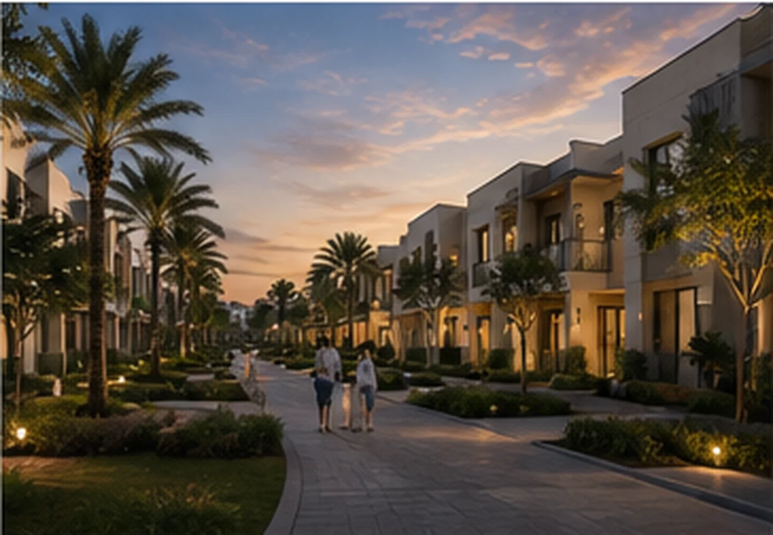 A palm-lined townhouse community street at twilight with warmly lit homes and a family walking along the landscaped path