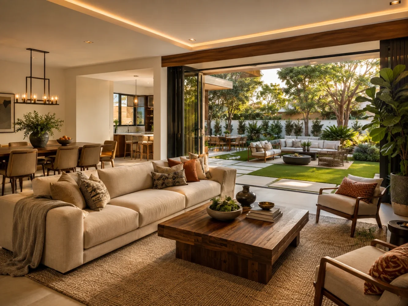 An open-plan family living and dining space with folding glass doors opening onto a landscaped garden and outdoor seating