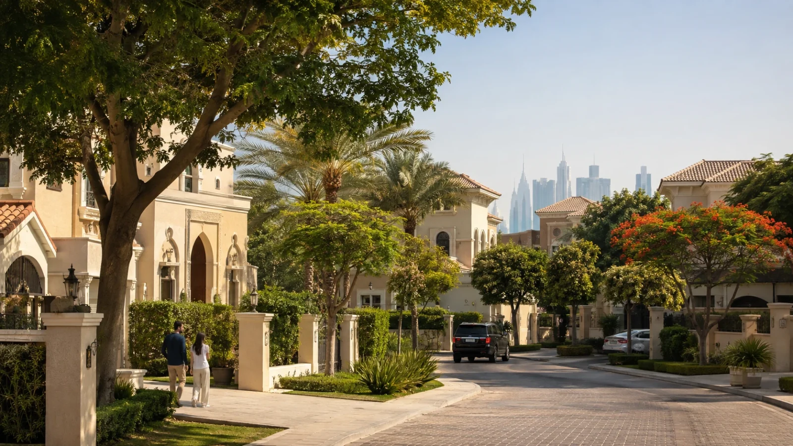 A tree-lined street of established Dubai villas with mature landscaping and the city skyline in the distance