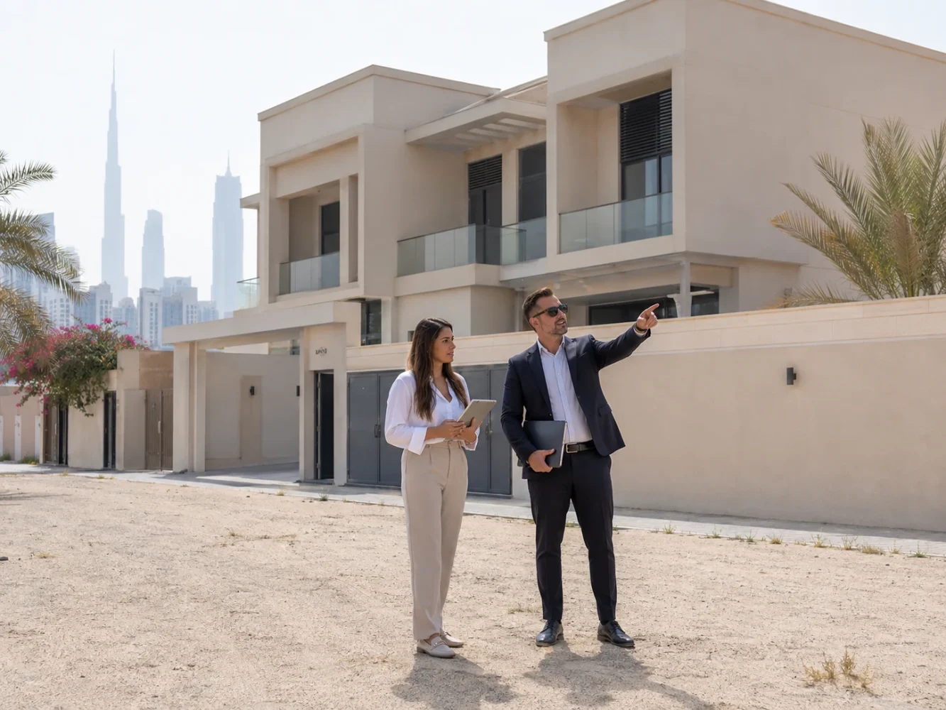 Two property advisers reviewing a modern villa and its plot on site, with a city skyline in the background