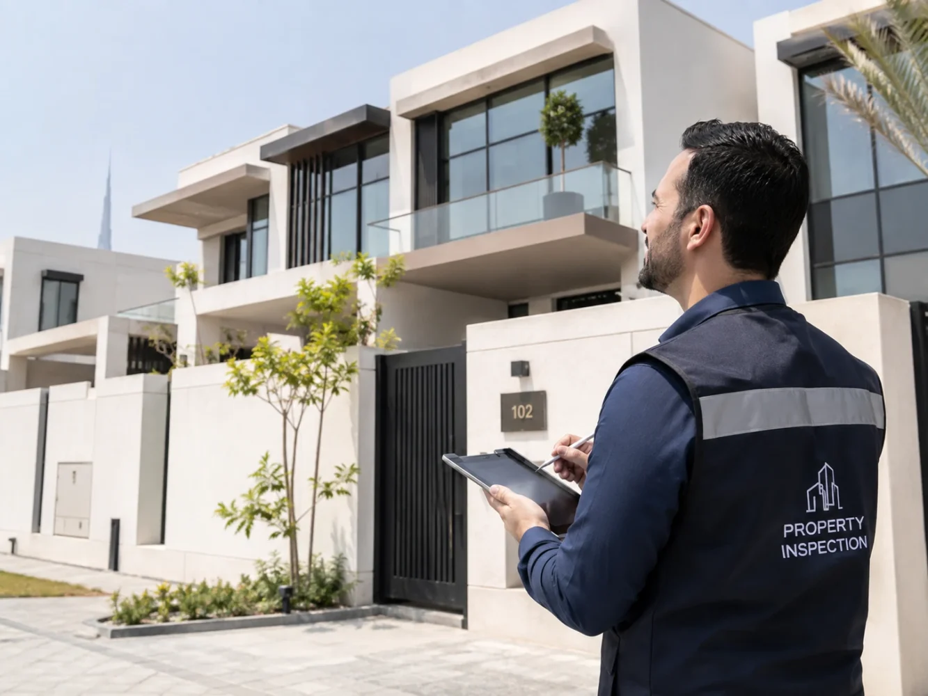A property inspector in a hi-vis vest using a tablet to assess the exterior of a modern villa
