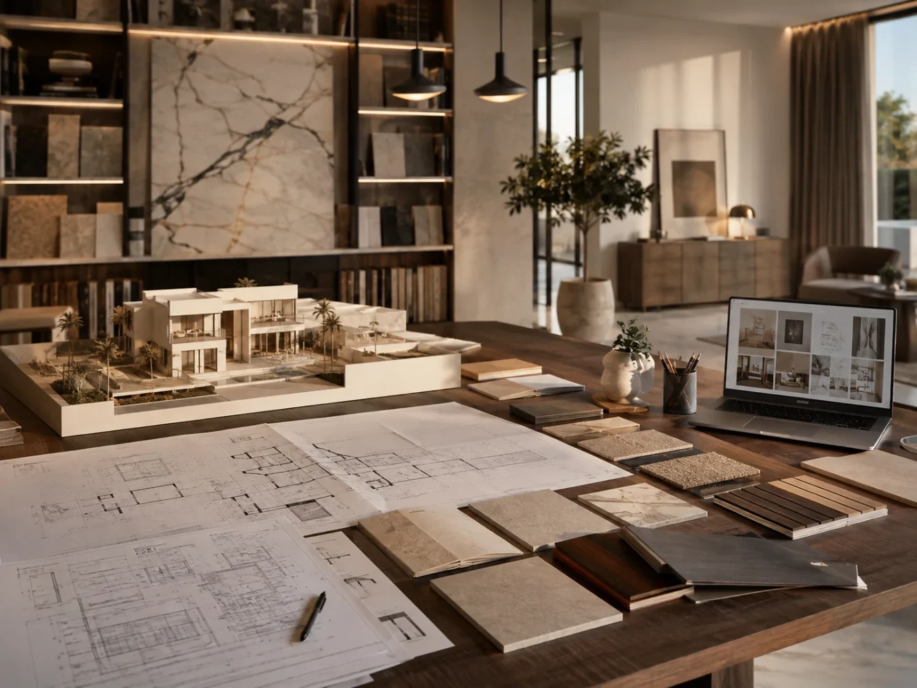 A villa upgrade design studio with architectural floor plans, a scale model, material and finish samples and a moodboard