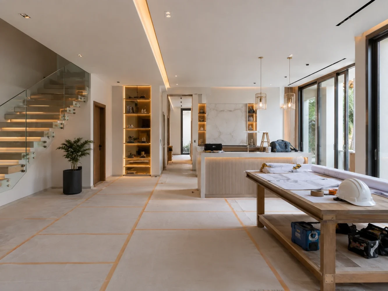 A villa interior during a controlled renovation, with protected floors, a completed staircase and kitchen and drawings on a tidy work table