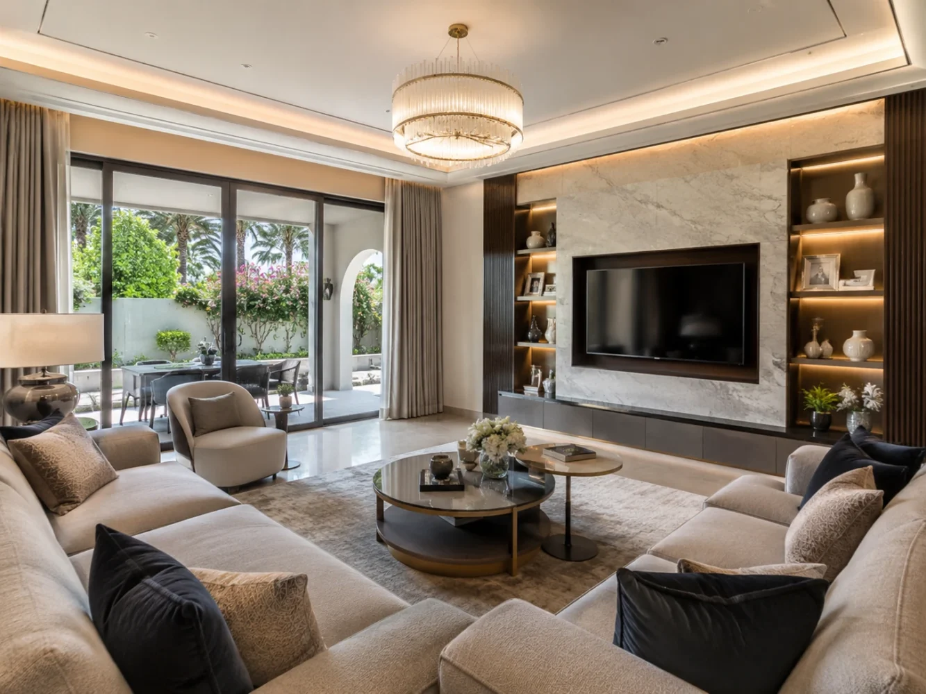 A completed villa living room with a large sofa, marble media wall and sliding doors opening onto a landscaped garden terrace