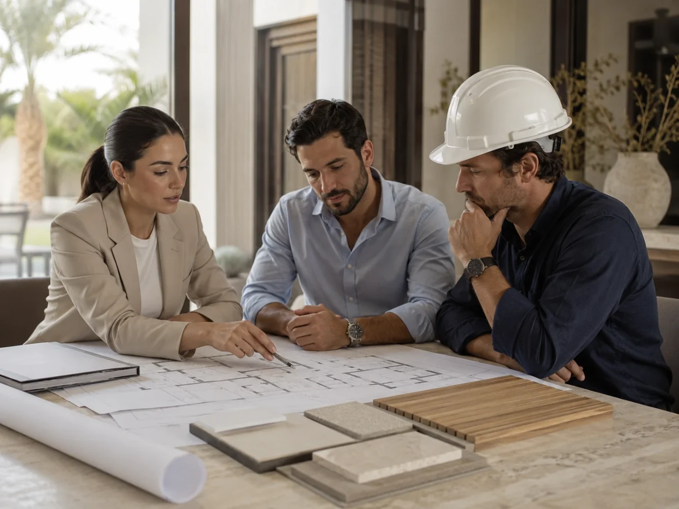 An architect, designer and contractor reviewing villa floor plans and finish samples together during project planning
