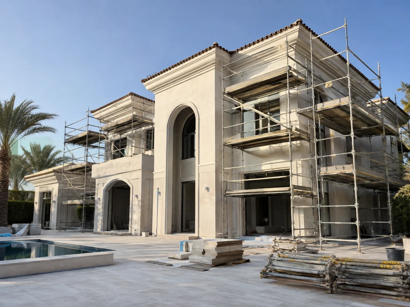A large villa exterior under organised renovation, with scaffolding in place and construction materials neatly stacked