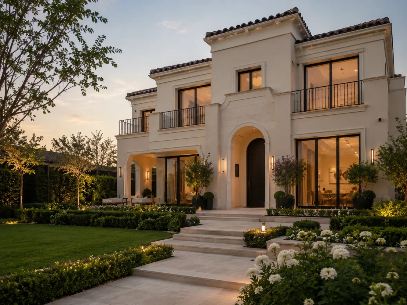 A completed two-storey villa at dusk with warm interior lighting, landscaped garden and manicured lawn, staged for occupation