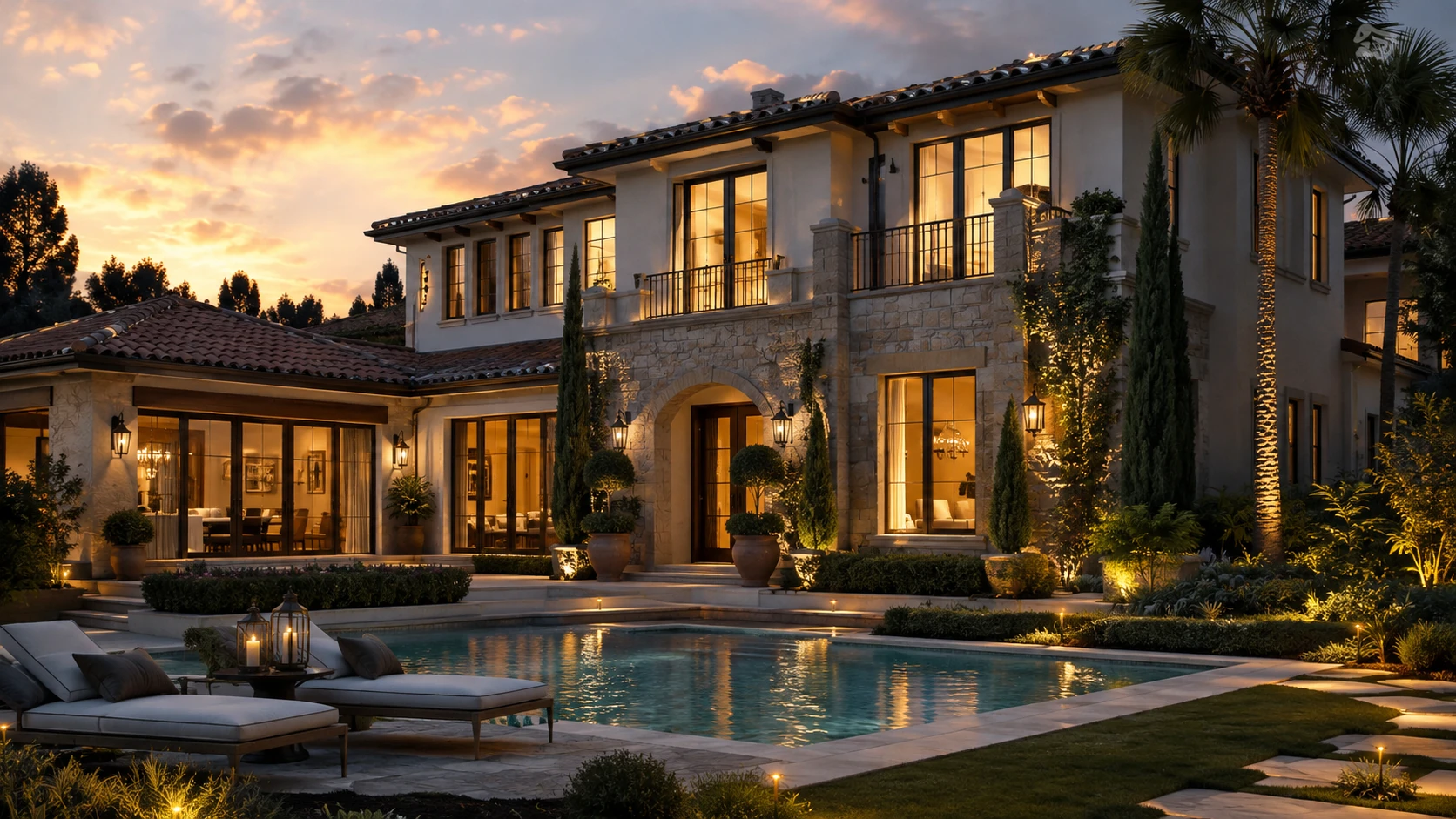 A completed villa with a lit swimming pool and warm interior lighting at sunset in an established landscaped community