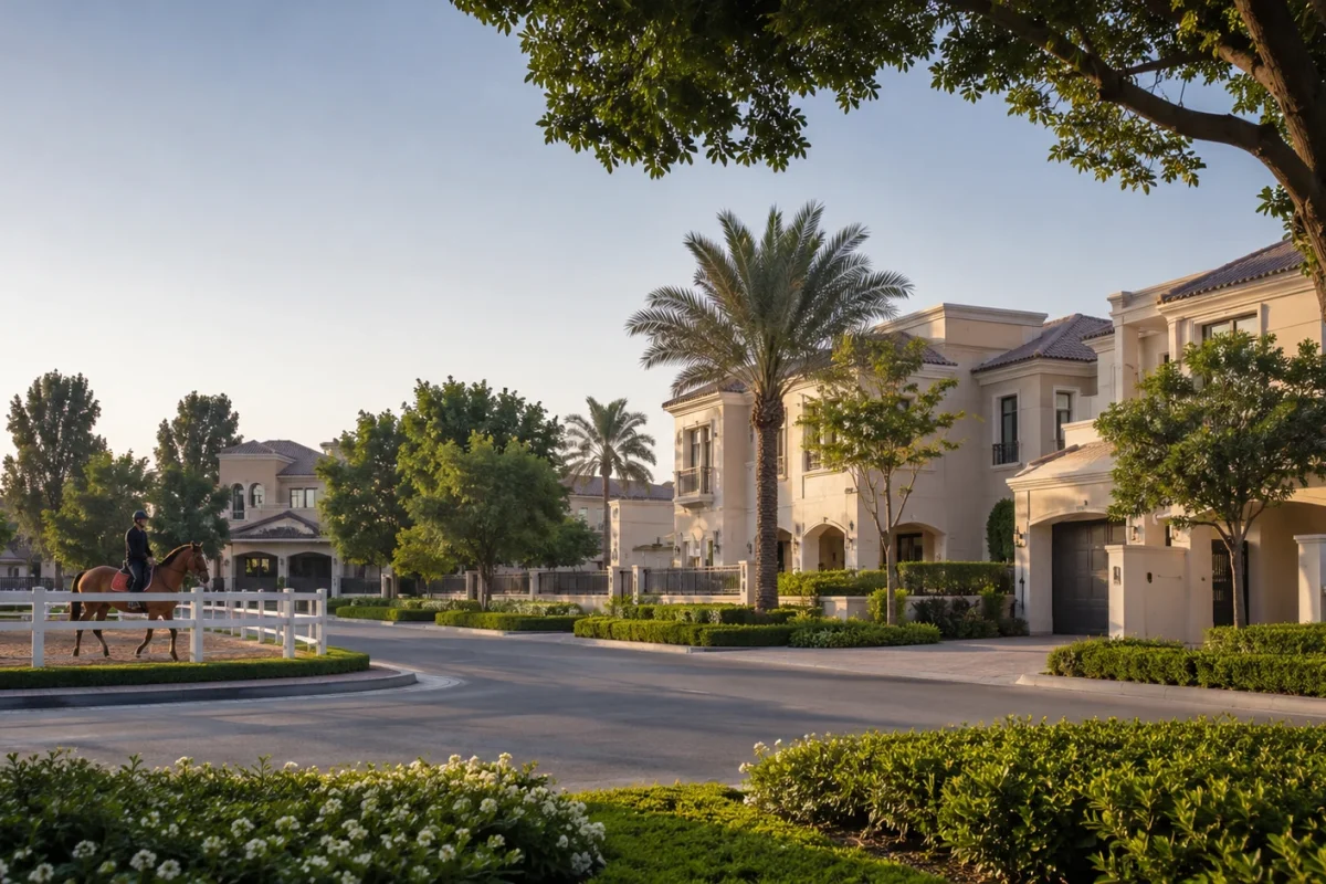 A rider on horseback beside a white fence in a landscaped gated villa community at golden hour