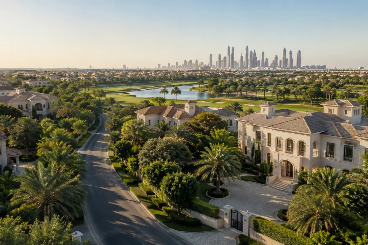Aerial view of a golf-course villa community with lakes and a distant city skyline