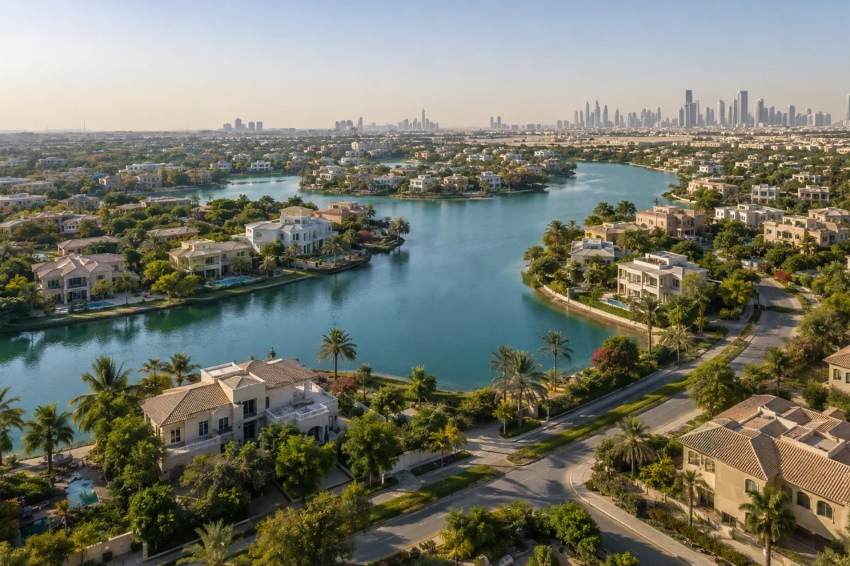 Aerial view of a lagoon-side villa community with a distant skyline on the horizon