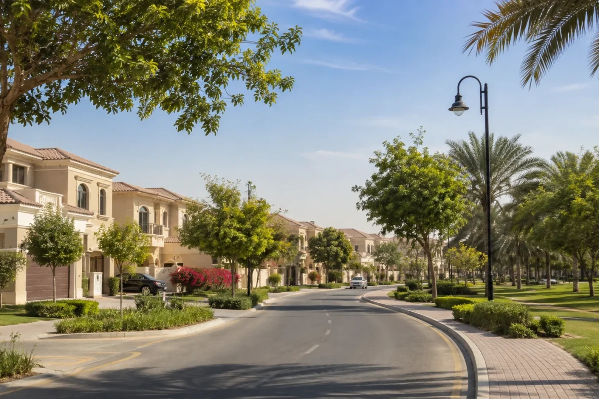 A tree-lined residential street with villas and a classic street lamp under a clear blue sky